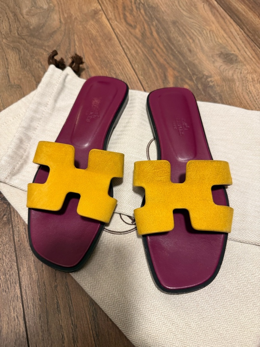 Hermes Yellow Suede H-Strap Slide Sandals with Plum Footbed